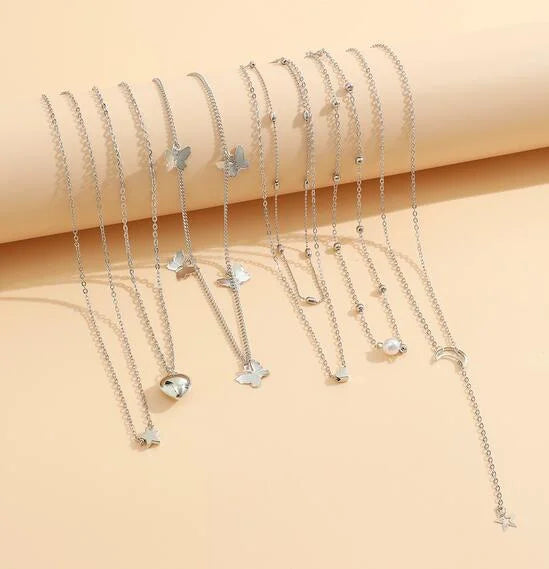 11-Piece Women’s Gold Zircon Necklace Set – Love Heart & Butterfly Pendants