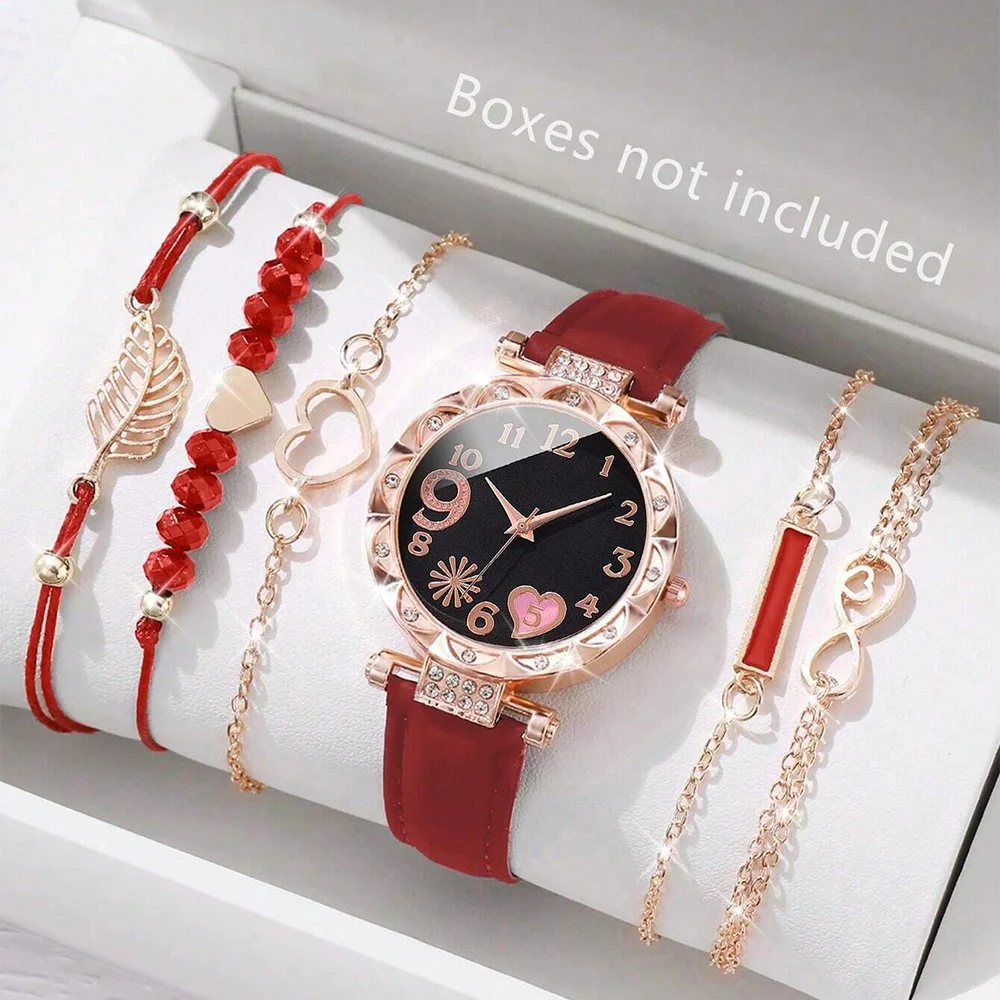 6PCS Women’s Luxury Leather Analog Quartz Watch & Bracelet Set