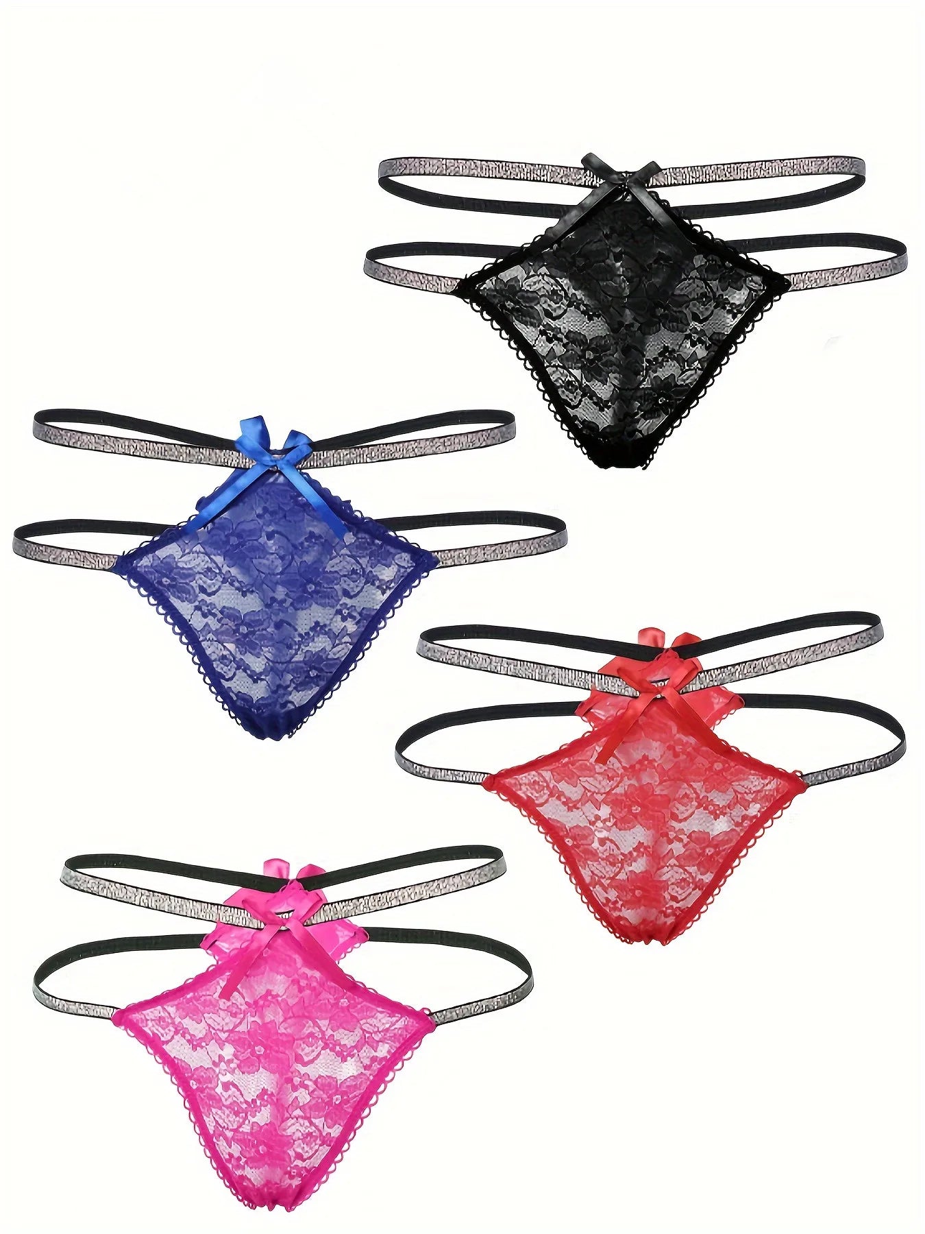 4-Pack Sparkling Silver Ribbon Thongs – Hollow Temptation Lingerie