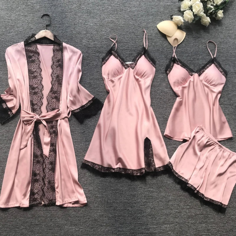 4-Piece Lace Pajama Set for Women β V-Neck Nightwear with Chest Pads