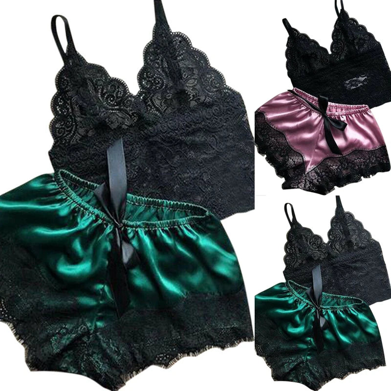 2-Piece Lace Lingerie Sleepwear Set β Cami Top & Shorts Pajamas