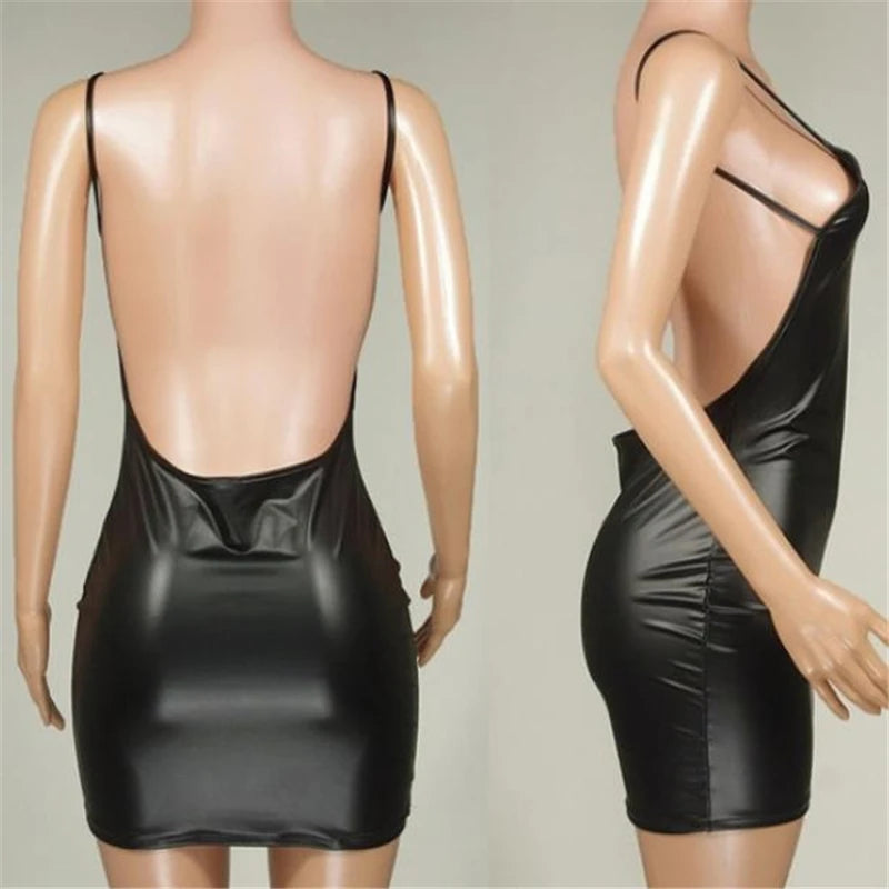 Faux Leather Bodycon Club Dress β Sexy Backless Wet Look Mini with Push-Up Bra