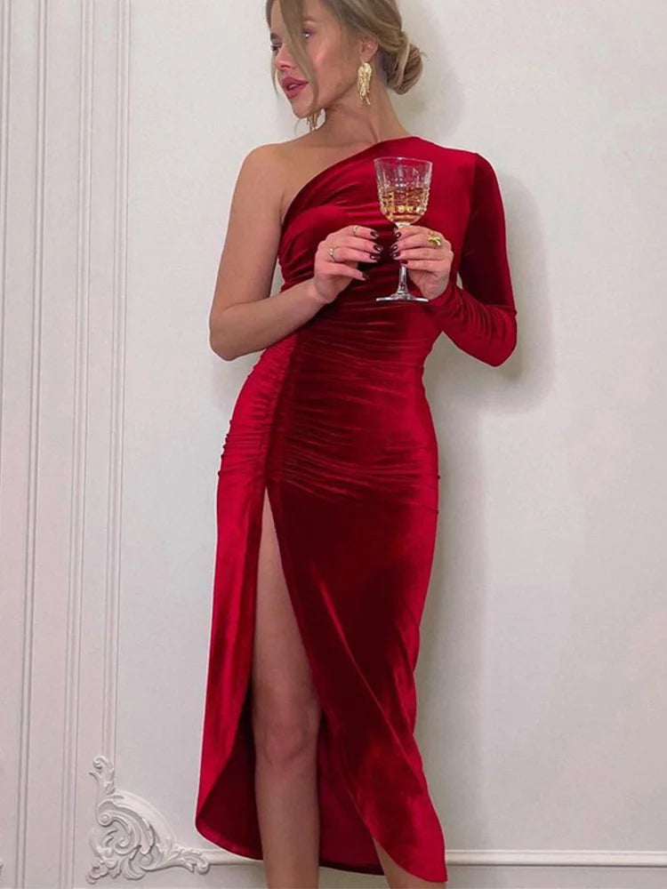 Elegant Velvet Bodycon Midi Dress β Long Sleeve Split Party Dress for Women