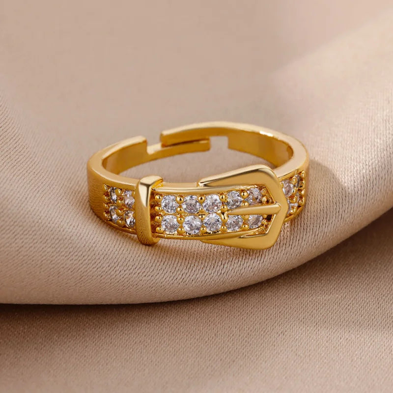 Chic Gold Buckle Adjustable Ring with Sparkling Zircon – Trendy Women’s Jewelry