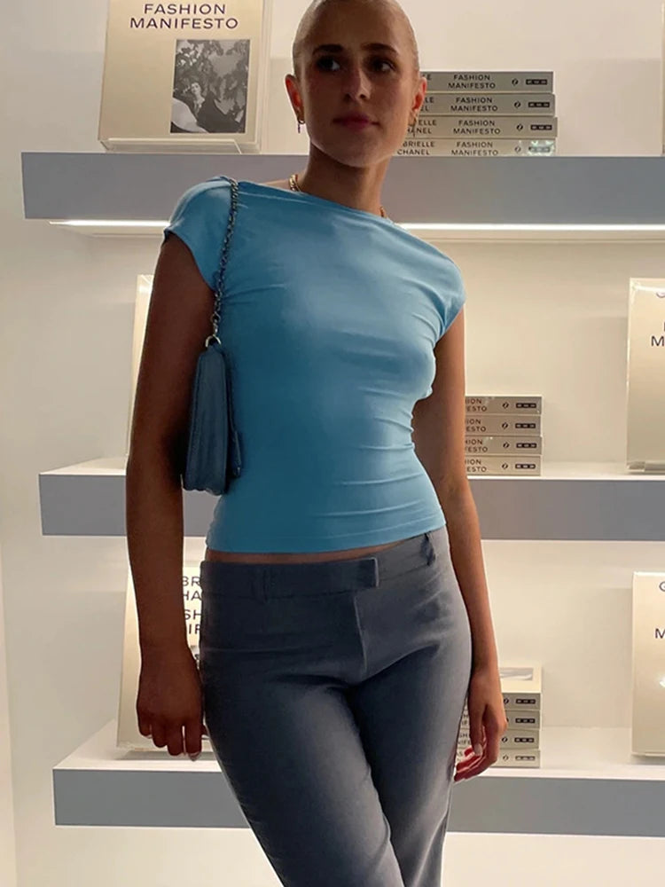 Y2K Backless Cut-Out Crop Top β Sexy Vintage Blue Summer Tee for Women