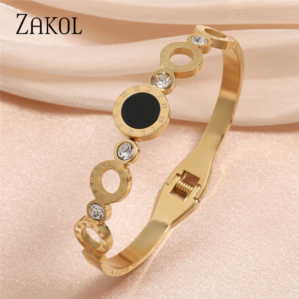 ZAKOL Black Shell Roman Numeral Titanium Steel Bangle β Hollow Circle Button Bracelet