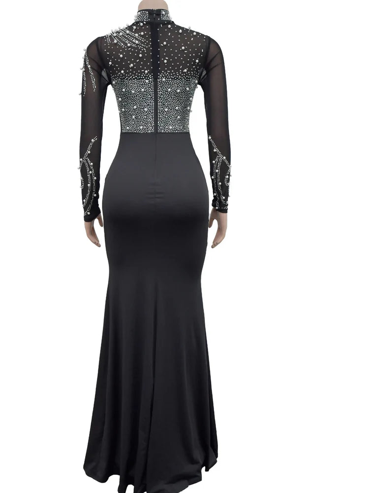 Beyprern LuxeShine β Crystal Slit Gown with Long Sleeves & Diamond Detailing