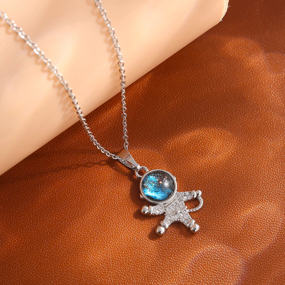 Titanium Star & Planet Pendant Necklace β Gold Astronaut Moon Charm Jewelry for Women
