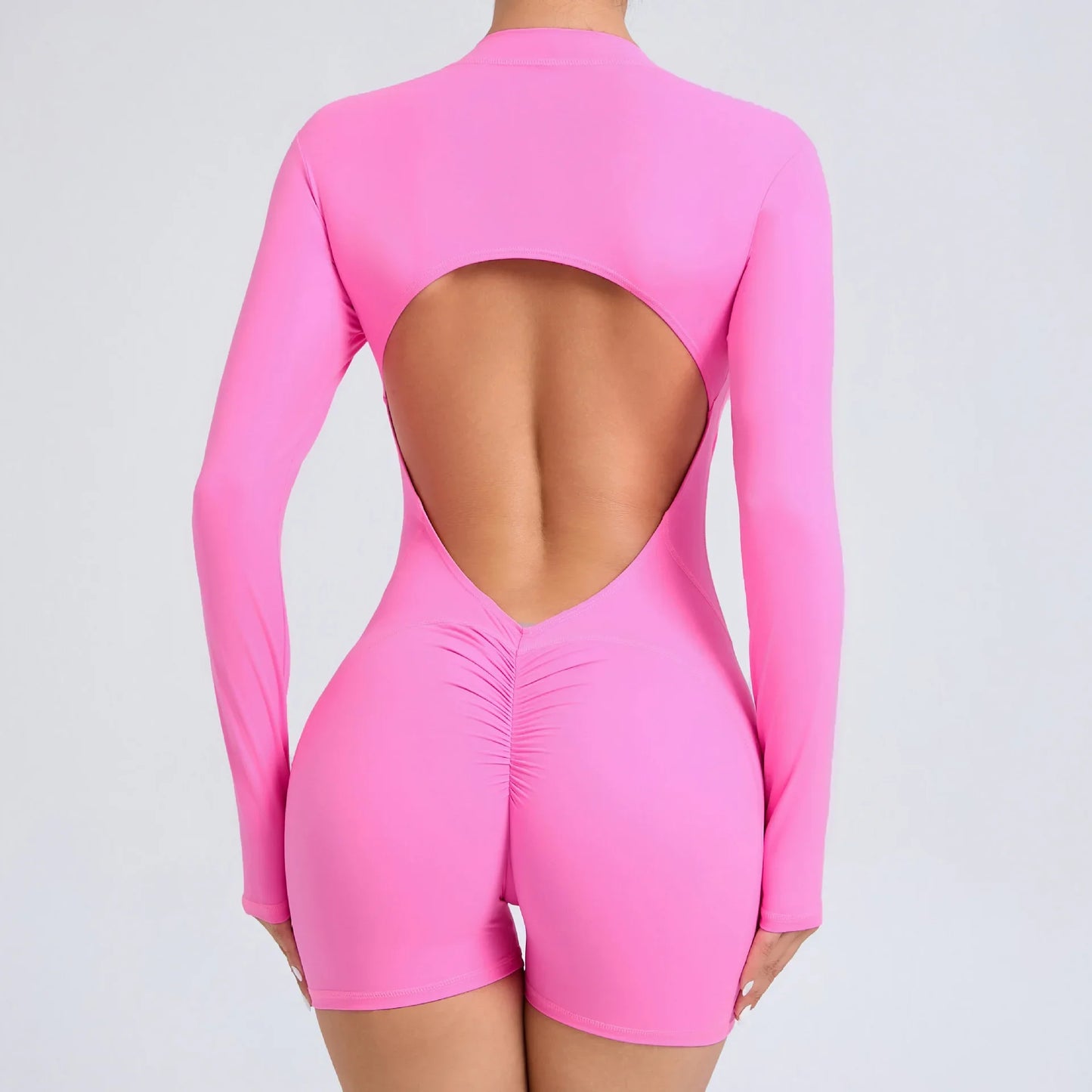 V-Back Scrunch One-Piece Jumpsuit β Push-Up Zipper Workout Bodysuit for Women
