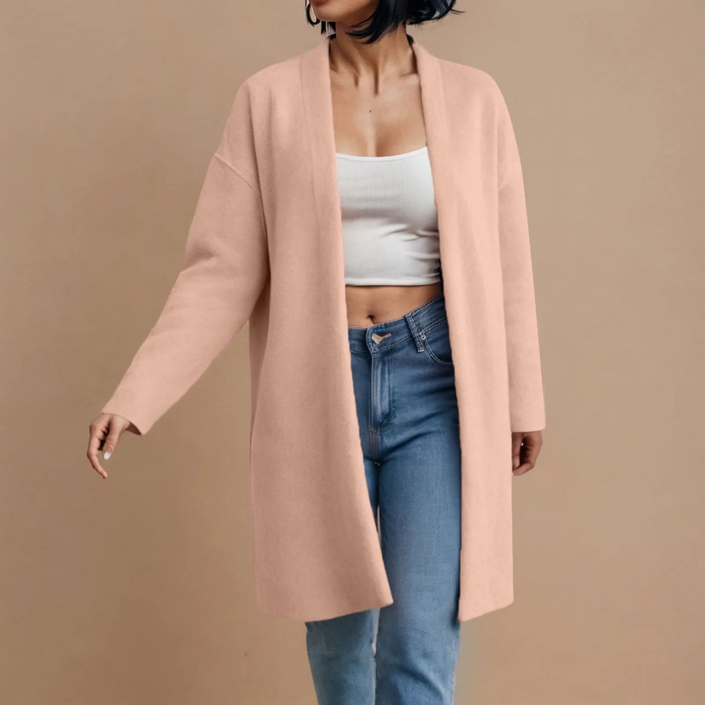 CozyEase β Women's Long Knit Cardigan with V-Neck & Open Front