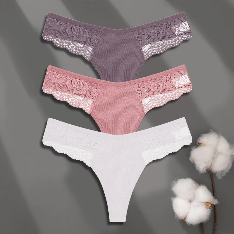 LaceLuxe β 3PCS Women's Cotton Lace Thong Set