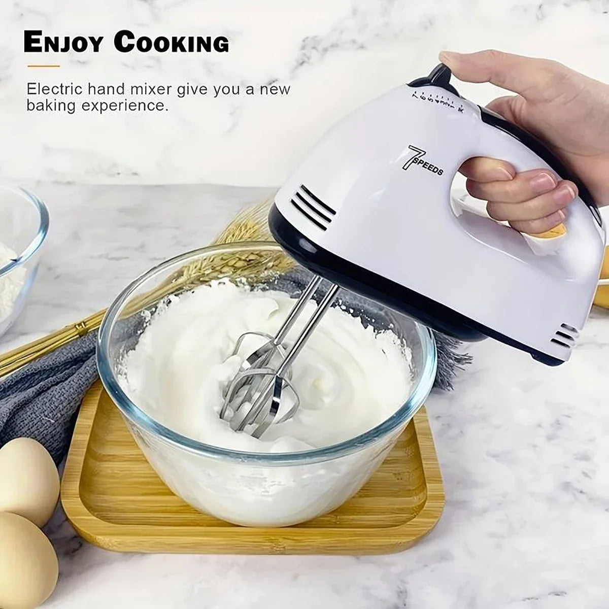 White Handheld Electric Egg Beater β 7-Speed Mini Mixer for Eggs, Cream & Baking