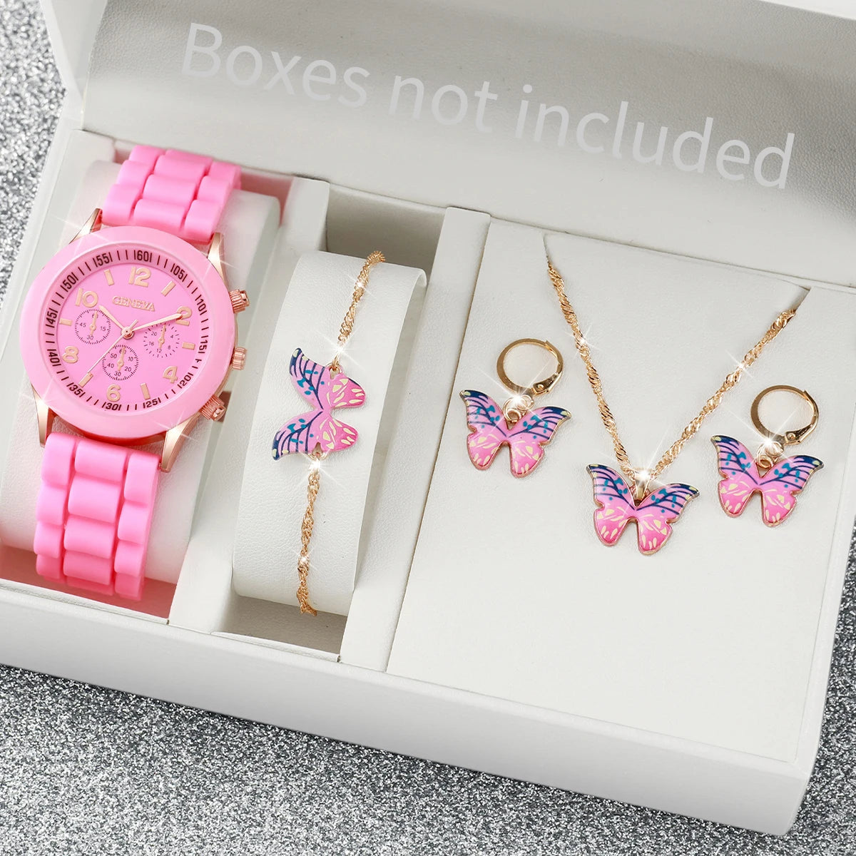 5/6PCS Women’s Fashion Watch & Jewelry Set – Silicone Band Quartz Watches Gift (No Box)