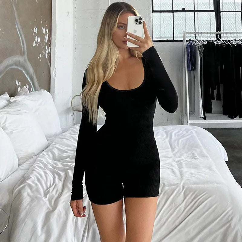 CurveFlex β Women's Black Bodycon Long Sleeve Romper
