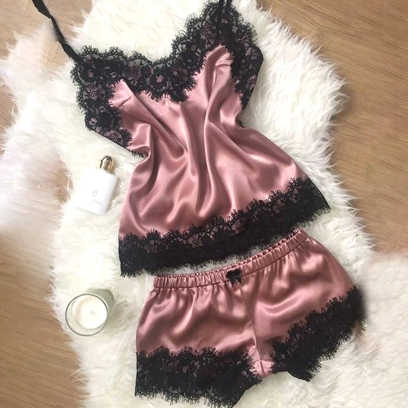 SilkWhisper – Lace Trim Satin Cami Set
