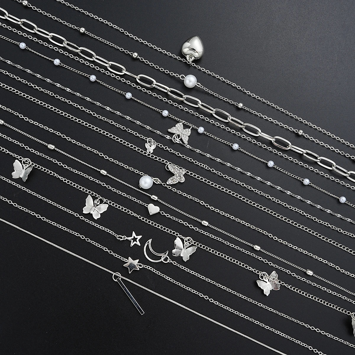 13Pcs Silver Charm Necklace Set β Butterfly, Heart, Star & Pearl Fashion Jewelry for Women