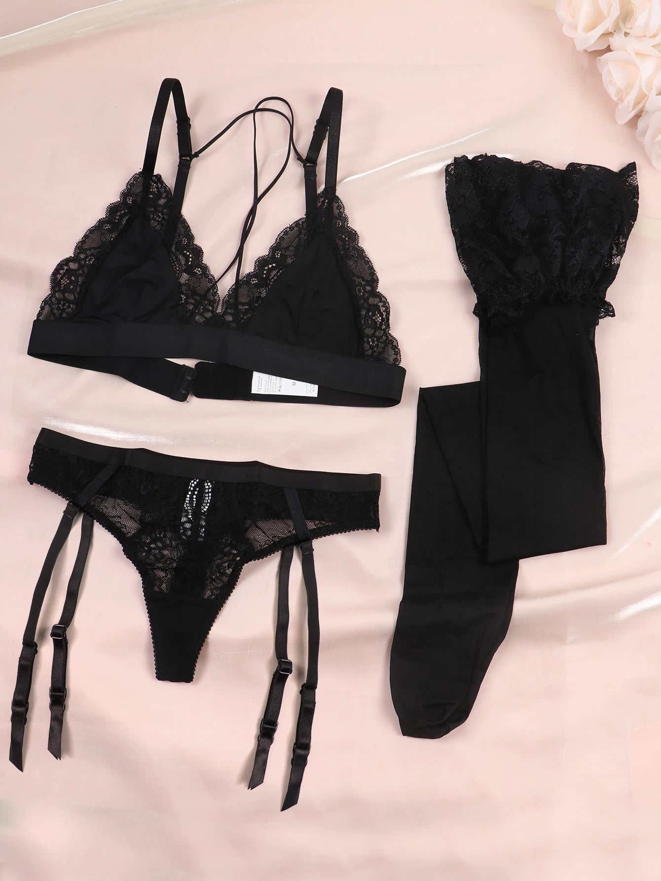 Varsbaby Lace Seduction Set β 4-Piece Non-Padded Bra, Panty & Garter Stockings Lingerie