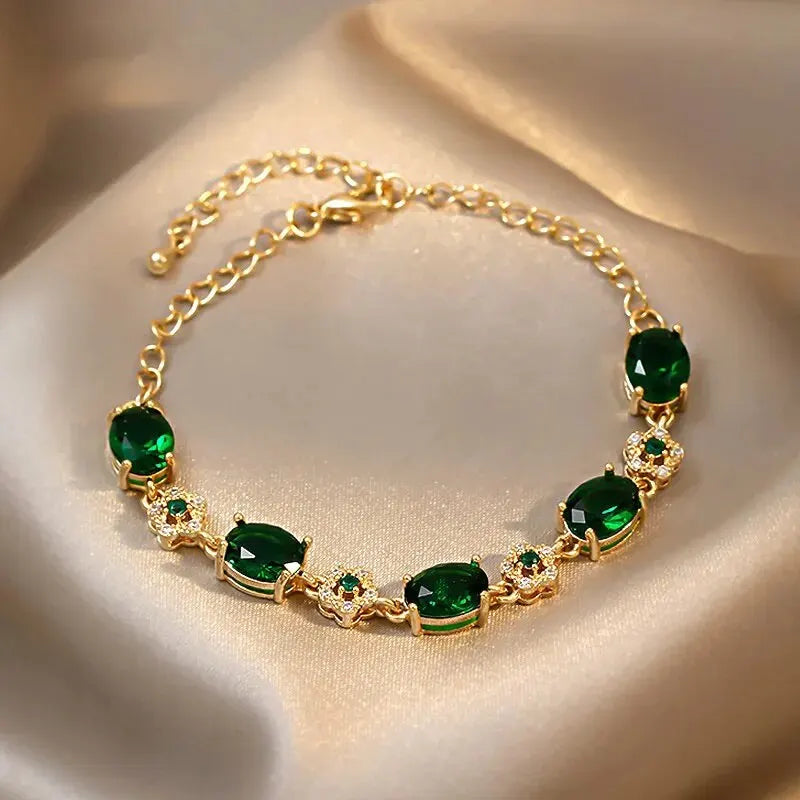Luxury Green Rhinestone Link Bracelet β Vintage Gold Chain for Women