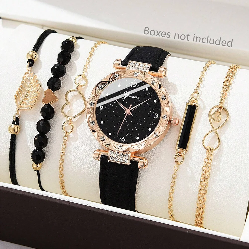6PCS Women’s Luxury Leather Analog Quartz Watch & Bracelet Set