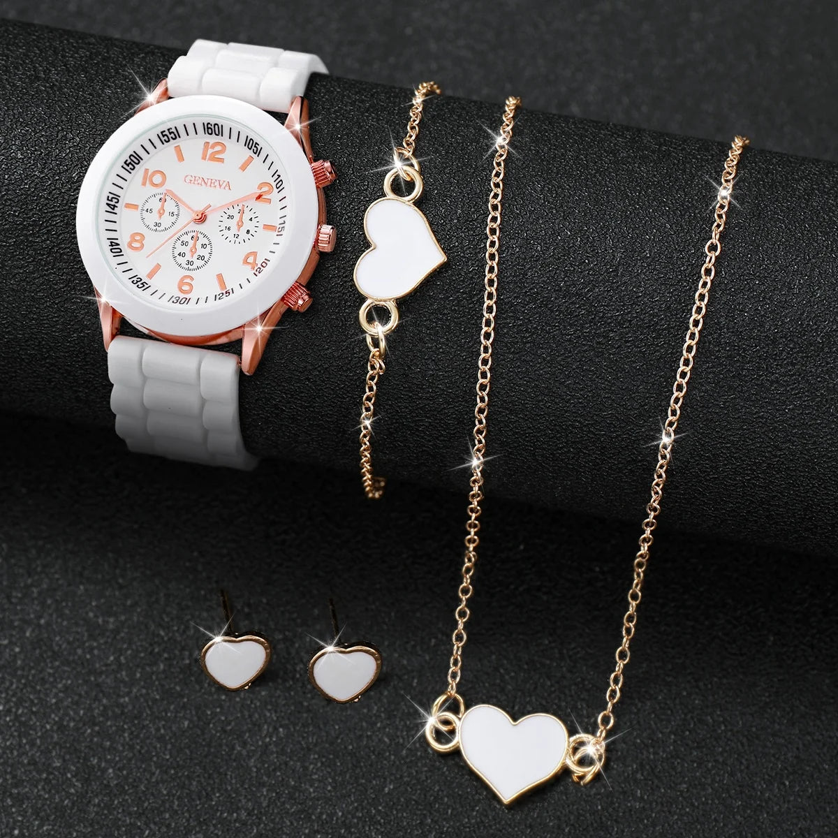 5/6PCS Women’s Fashion Watch & Jewelry Set – Silicone Band Quartz Watches Gift (No Box)