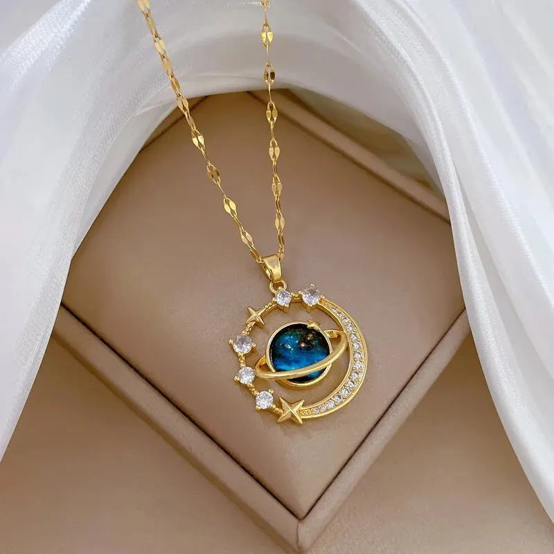 Titanium Star & Planet Pendant Necklace β Gold Astronaut Moon Charm Jewelry for Women