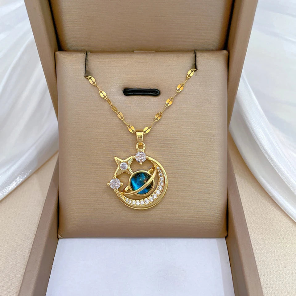 Titanium Star & Planet Pendant Necklace β Gold Astronaut Moon Charm Jewelry for Women