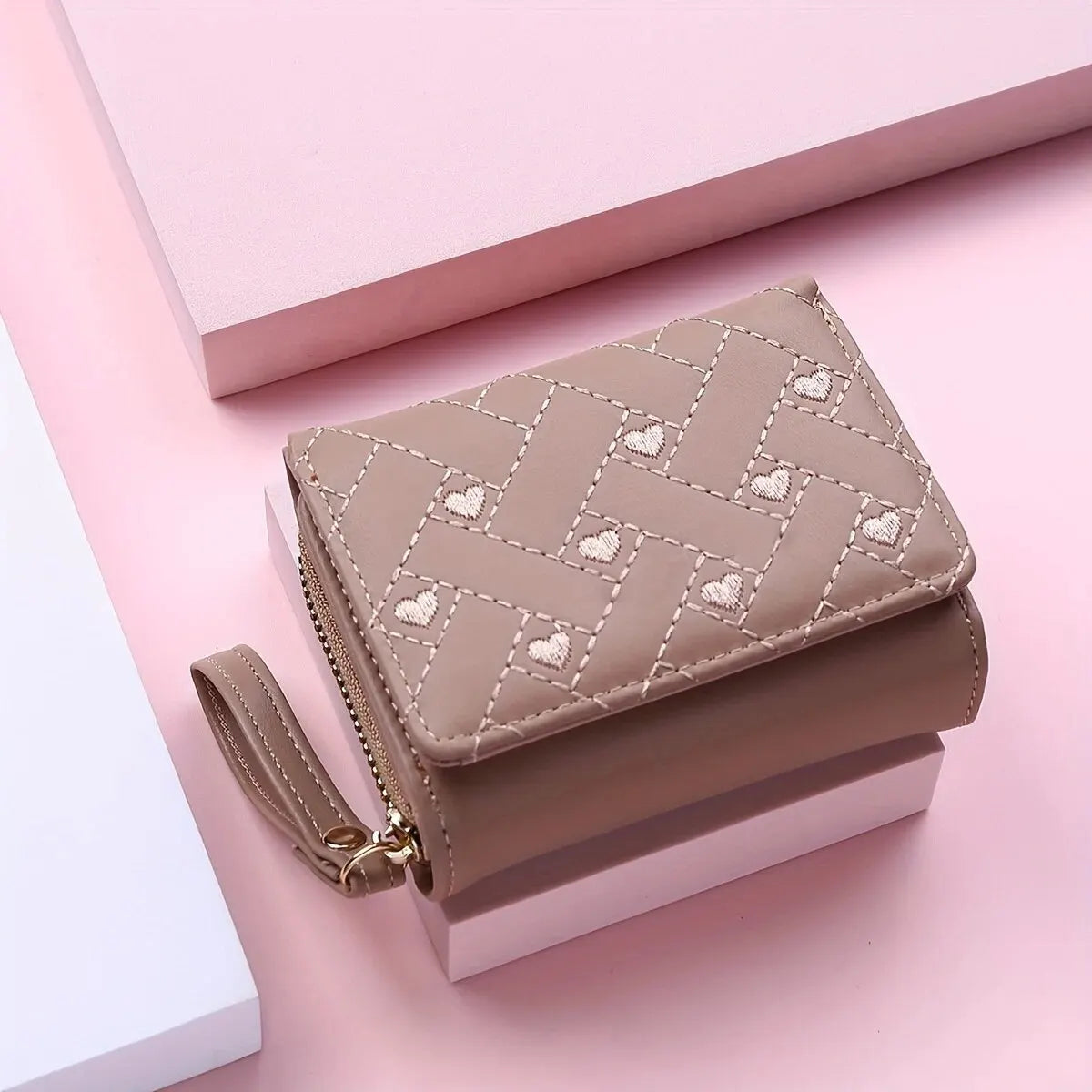 Women’s Short Embroidered Love Wallet – Large Capacity Card & Coin Zipper Bag