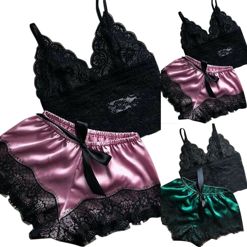2-Piece Lace Lingerie Sleepwear Set β Cami Top & Shorts Pajamas