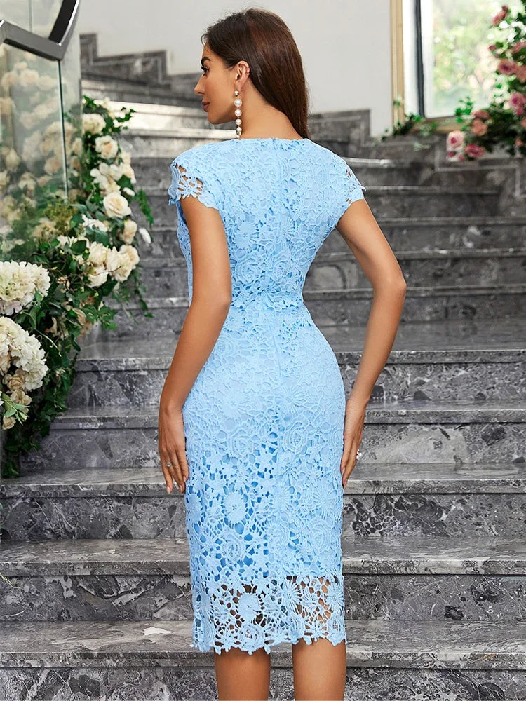 BlueWhisper β Sleeveless Lace Mini Dress with Ruffles & Hollow Out Design