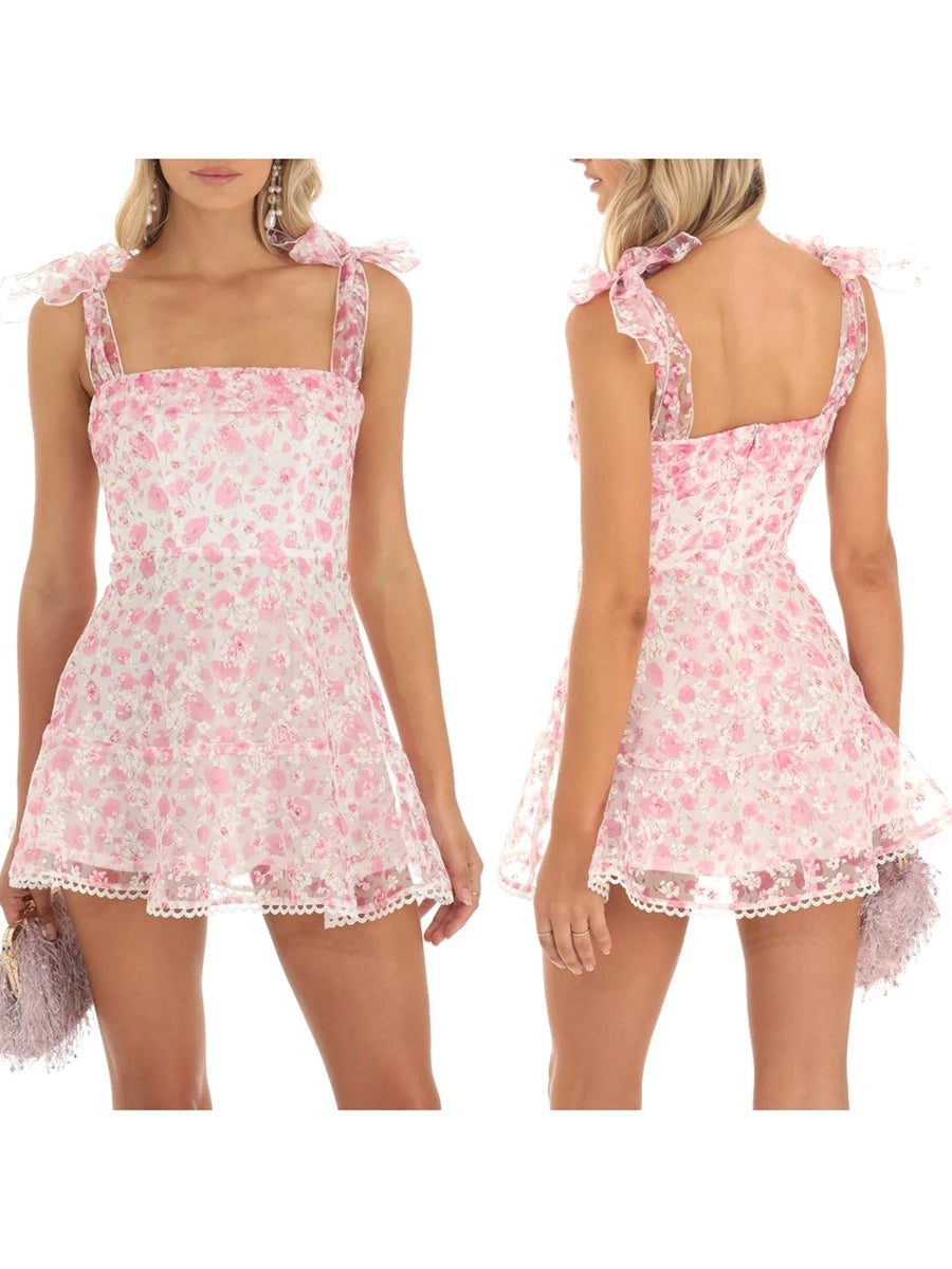 BloomMuse – Floral Tie-Up Mini Dress
