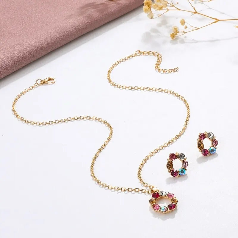 Gold Circle Diamond Jewelry Set β 3PCS Elegant Necklace & Earrings for Women