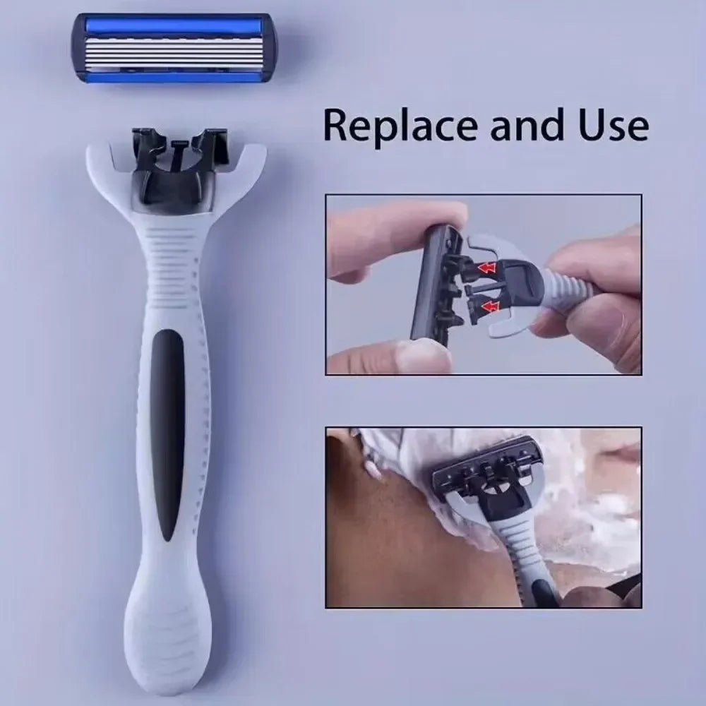 Men’s 6-Layer Stainless Steel Manual Safety Razor – Replaceable Head Shaving Tool