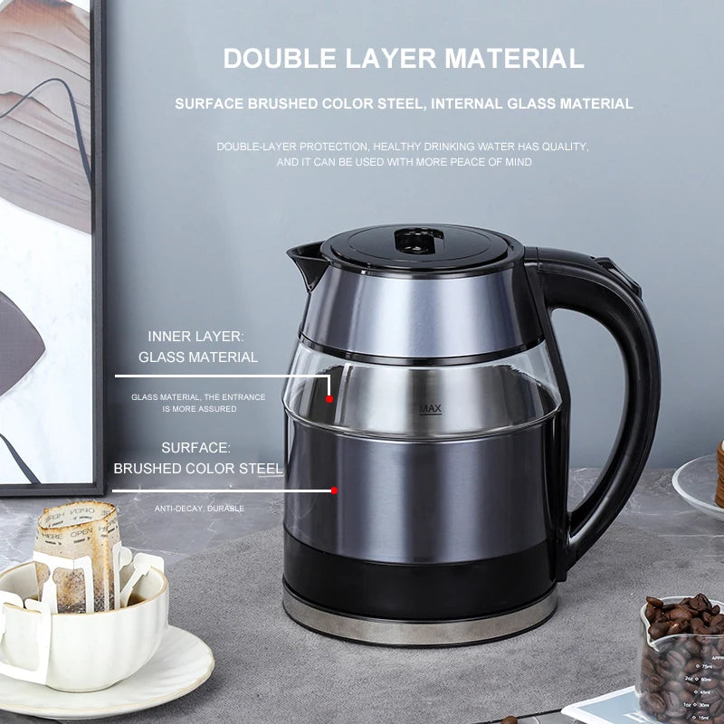 GELAIBO Double-Layer Electric Kettle β High Borosilicate Glass, Color Steel, Anti-Dry Protection