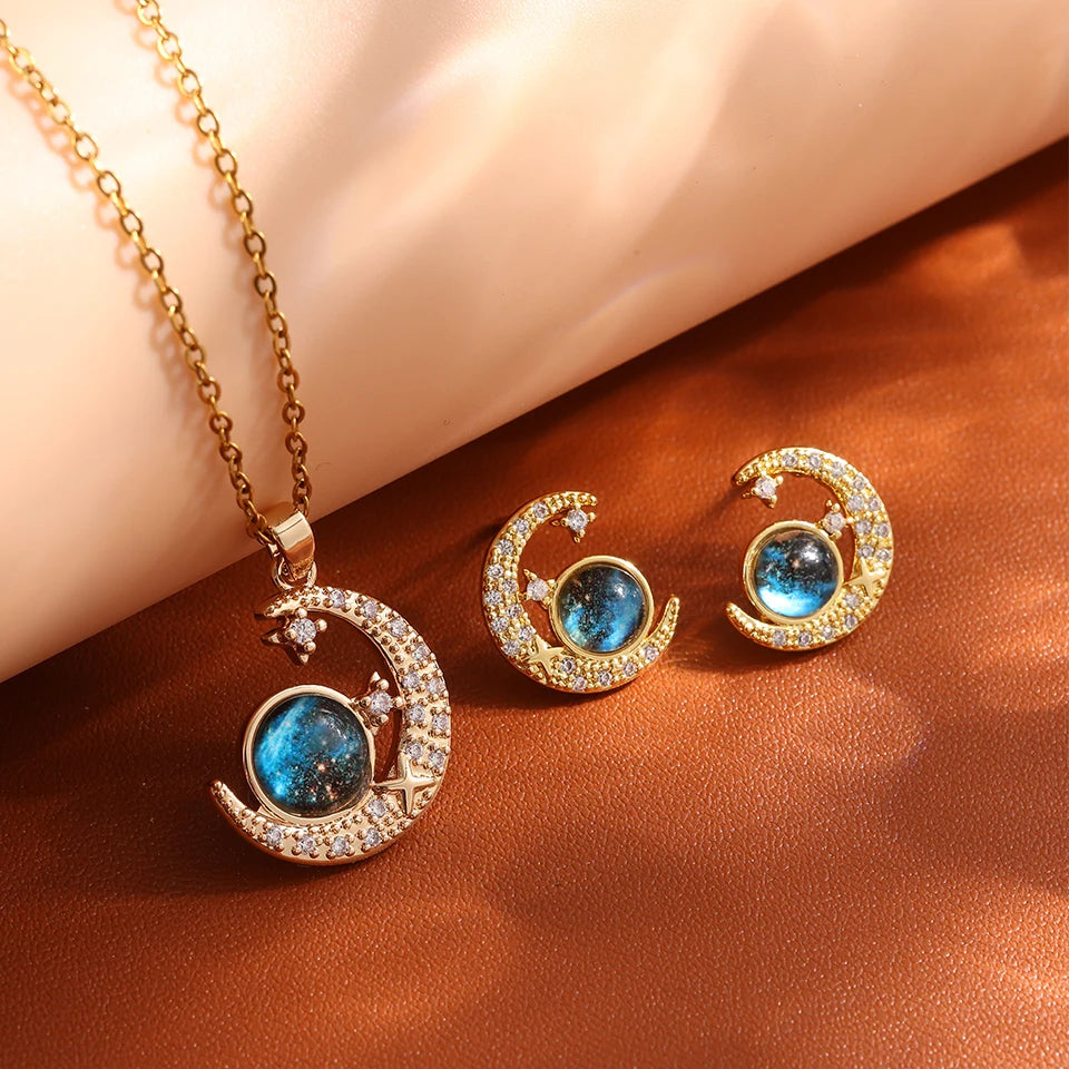 Titanium Star & Planet Pendant Necklace β Gold Astronaut Moon Charm Jewelry for Women