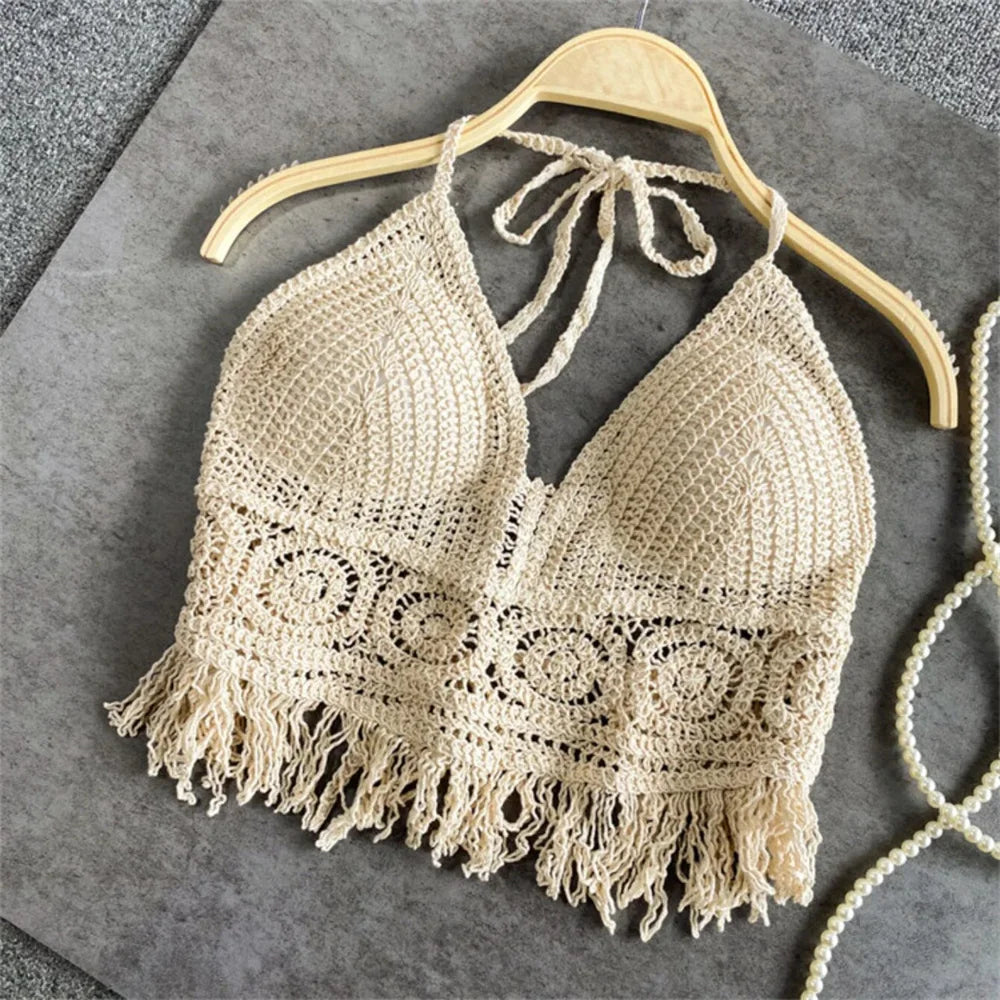 BohoGlam β Women's Fringe Embroidered Halter Crop Top