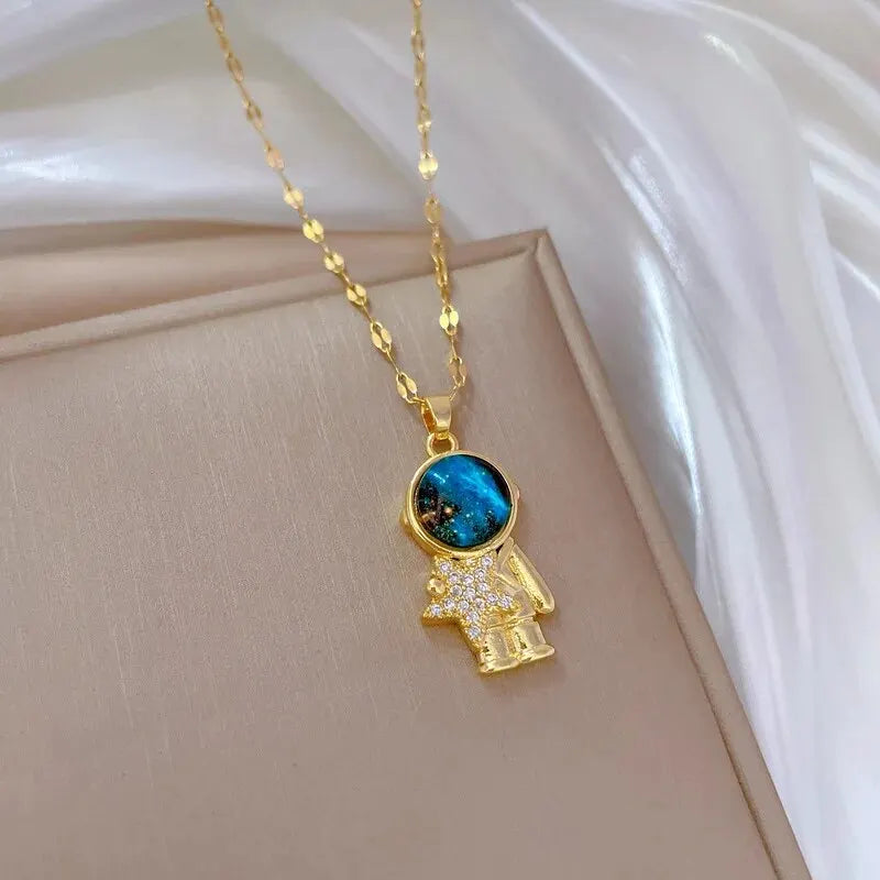 Titanium Star & Planet Pendant Necklace β Gold Astronaut Moon Charm Jewelry for Women