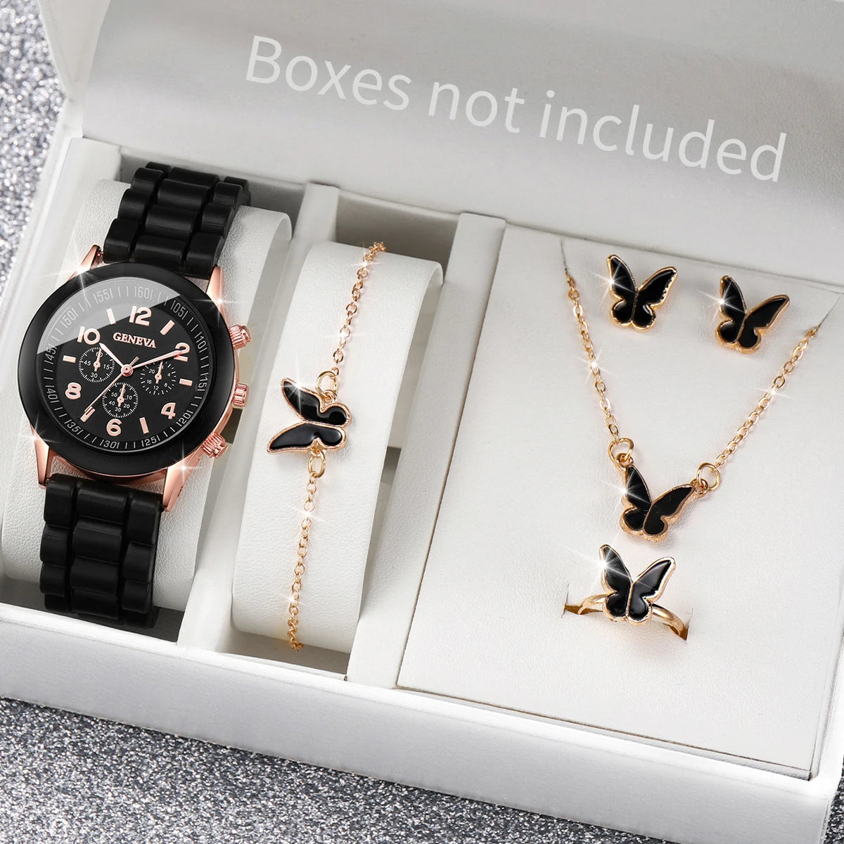 5/6PCS Women’s Fashion Watch & Jewelry Set – Silicone Band Quartz Watches Gift (No Box)