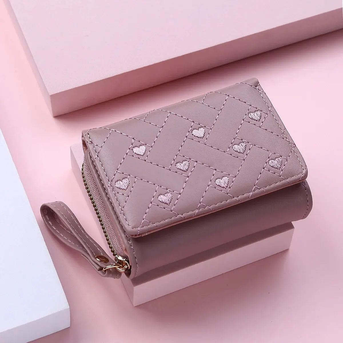 Women’s Short Embroidered Love Wallet – Large Capacity Card & Coin Zipper Bag
