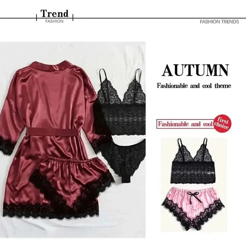 Satin Pajama Set with Lace Trim β Printed Faux Silk Sleepwear for Women