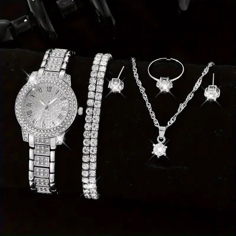 CrystalMuse Set β 6PCS Women's Luxury Watch & Rhinestone Bracelet Collection