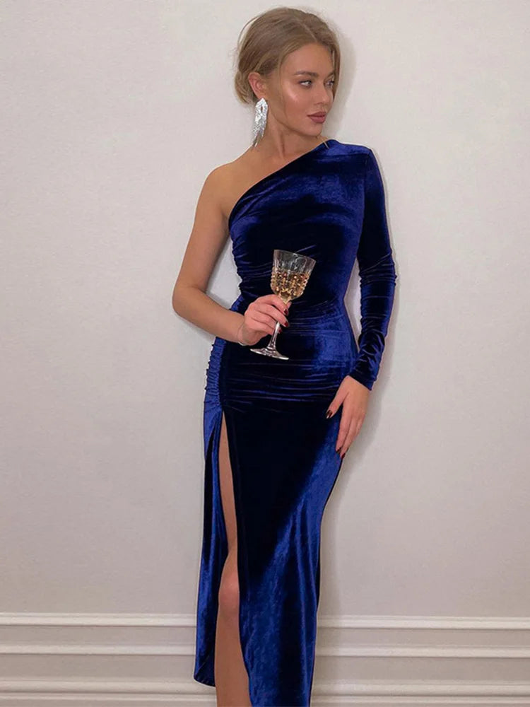 Elegant Velvet Bodycon Midi Dress β Long Sleeve Split Party Dress for Women