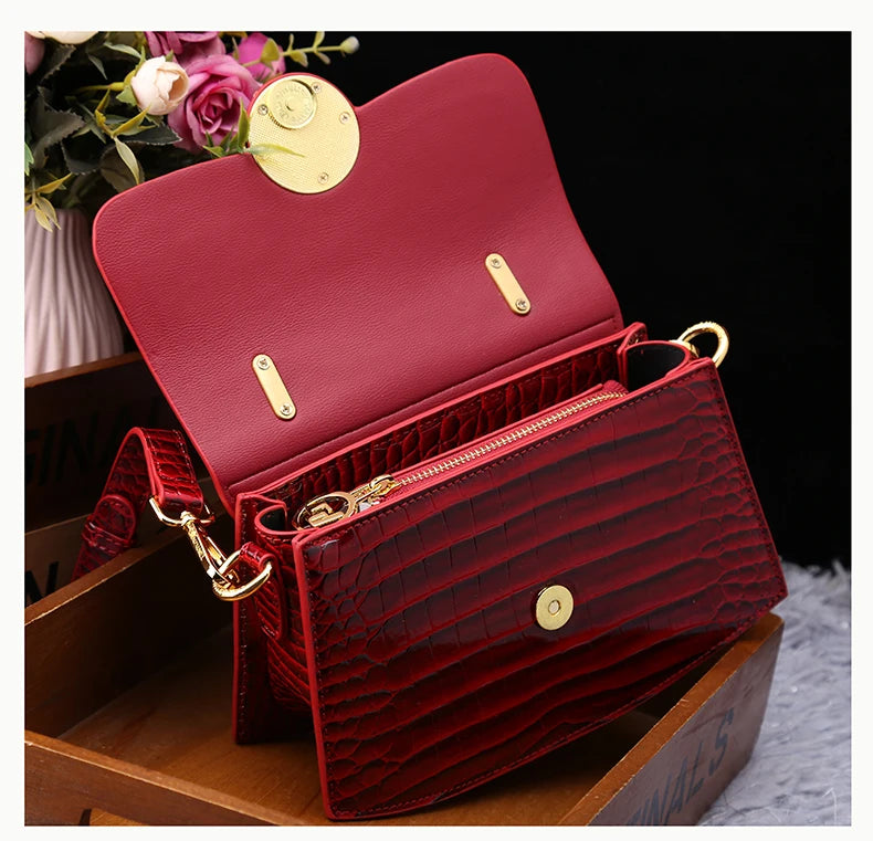 CrimsonGlam β 2025 Croc-Pattern Diamond Shell Handbag
