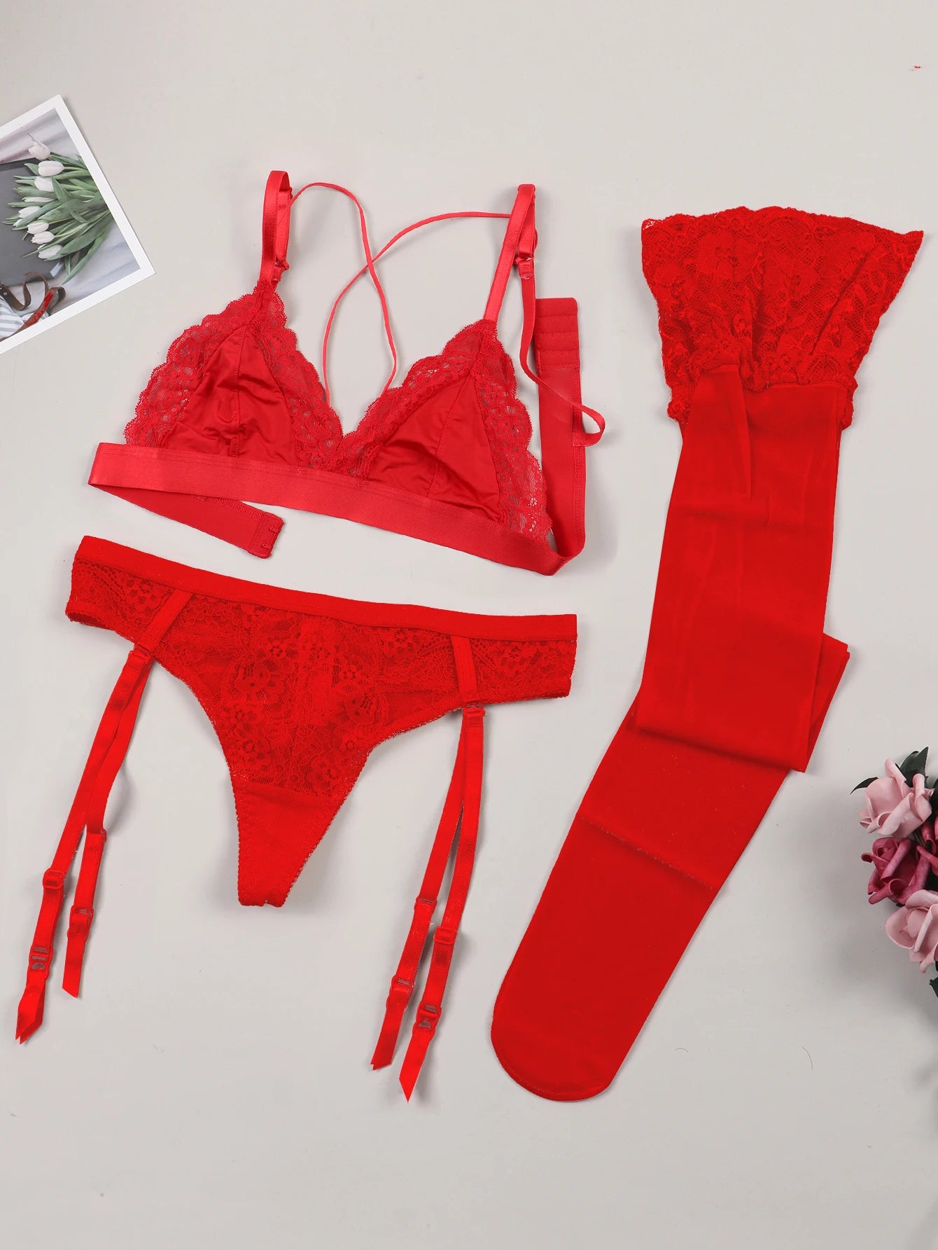 Varsbaby Lace Seduction Set β 4-Piece Non-Padded Bra, Panty & Garter Stockings Lingerie