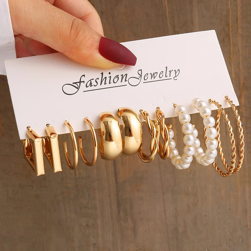 GeoPearl β Vintage Gold Geometric Pearl Earrings Set