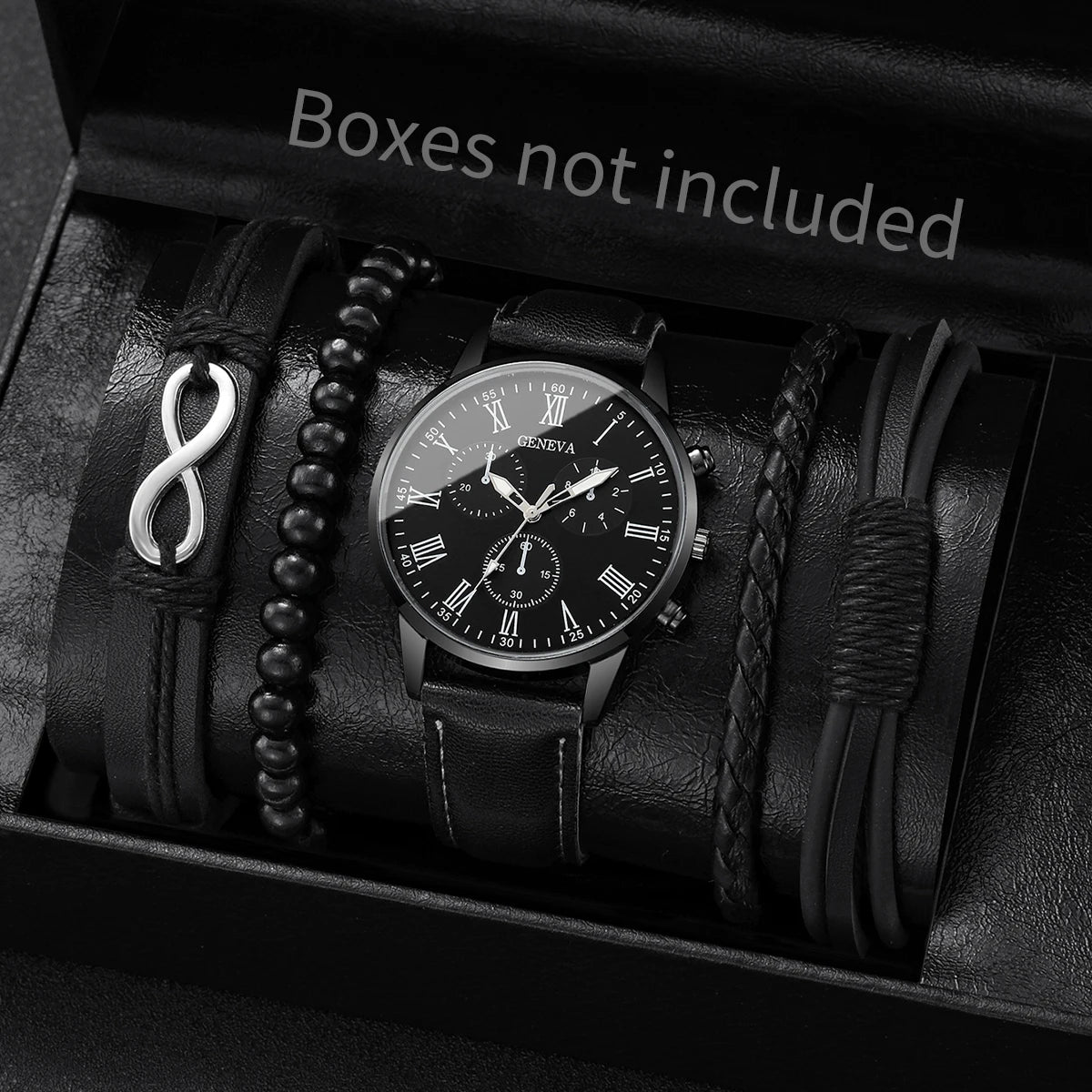 4/5-Piece Men’s Vintage Quartz Watch & Leather Bracelet Set – Business Style