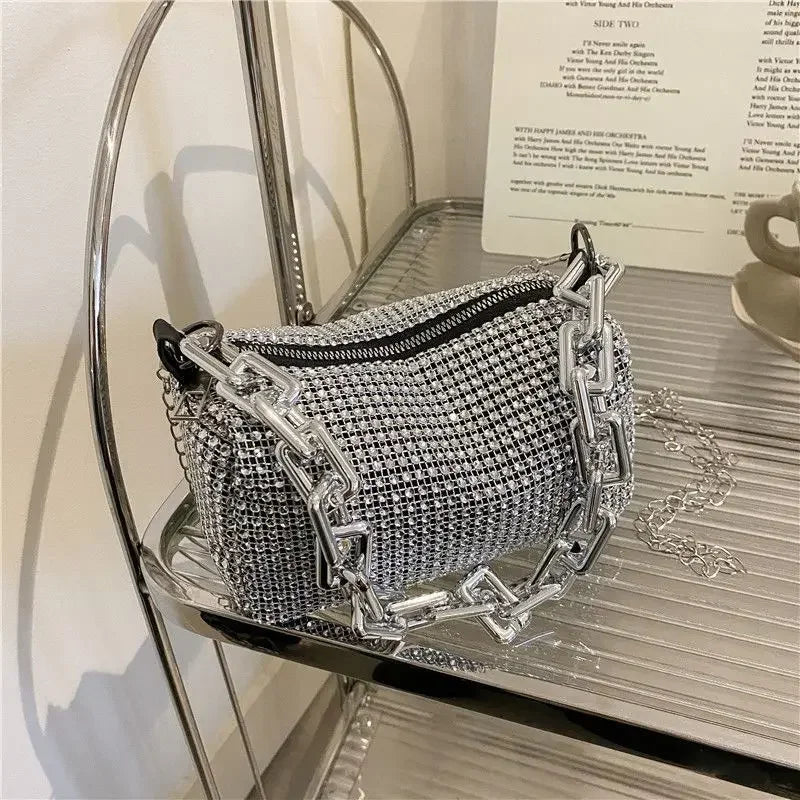 Rhinestone Bucket Bag β Glitter Mini Crossbody with Chain Strap