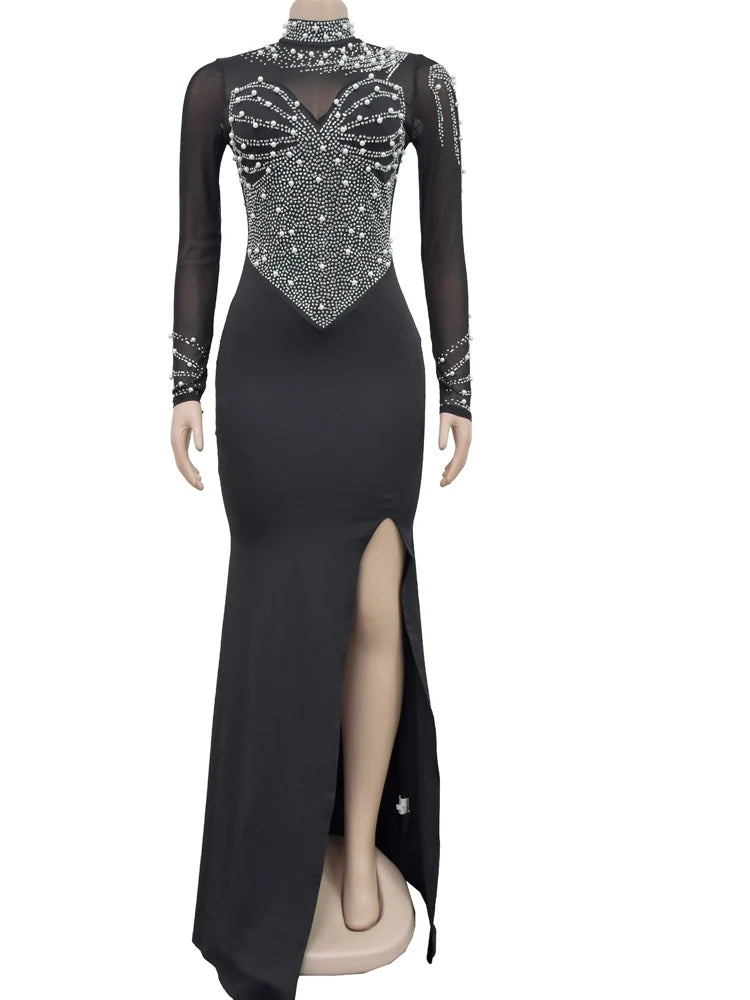 Beyprern LuxeShine β Crystal Slit Gown with Long Sleeves & Diamond Detailing