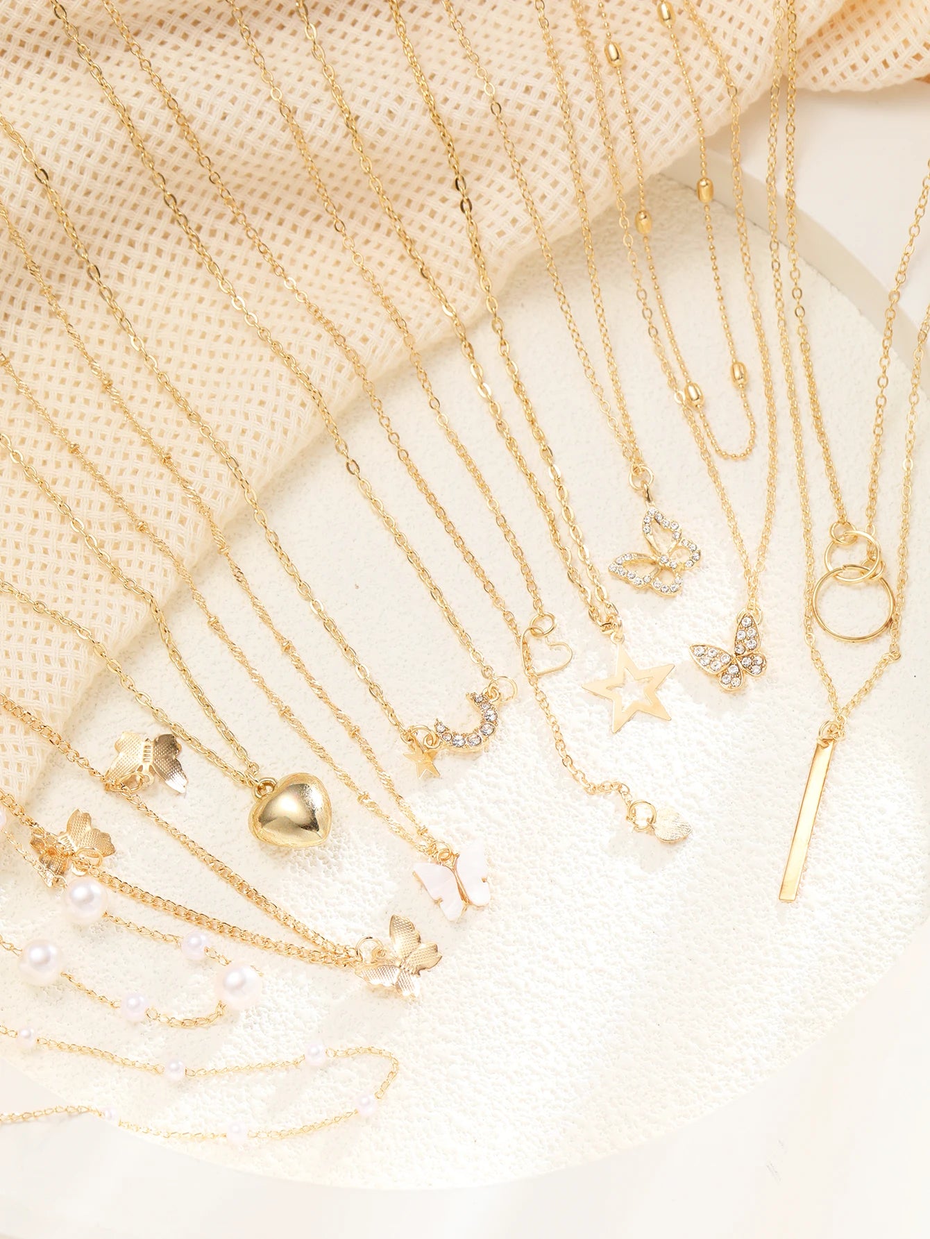 11-Piece Women’s Gold Zircon Necklace Set – Love Heart & Butterfly Pendants