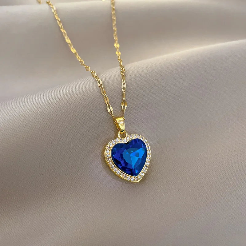 Blue Zircon Heart Pendant Necklace โ 316L Stainless Steel Clavicle Chain Jewelry Gift