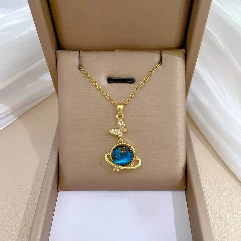 Titanium Star & Planet Pendant Necklace β Gold Astronaut Moon Charm Jewelry for Women